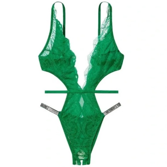Victoria Secret Shine Strap Green Lace Crotchless Teddy 45653 - Picture 1 of 11